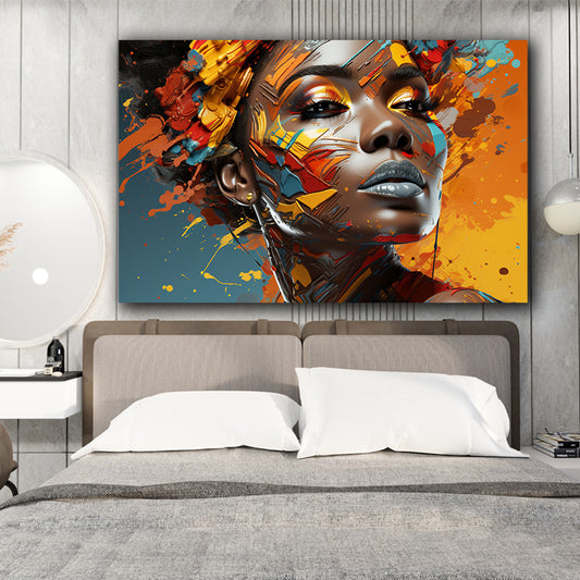 Tablou canvas femeie africana cu fata si parul pictate multicolor pe fundal turcoaz cu portocaliu