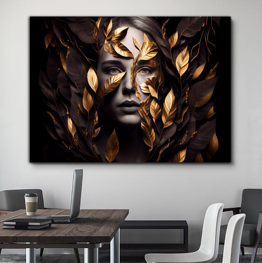 Tablou Gold tropical leaf Woman femeie cu frunze aurii si negru black and gold design fineart camera de vis sau living modern walldecor