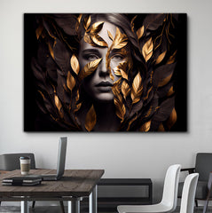 Tablou Gold tropical leaf Woman femeie cu frunze aurii si negru black and gold design fineart camera de vis sau living modern walldecor