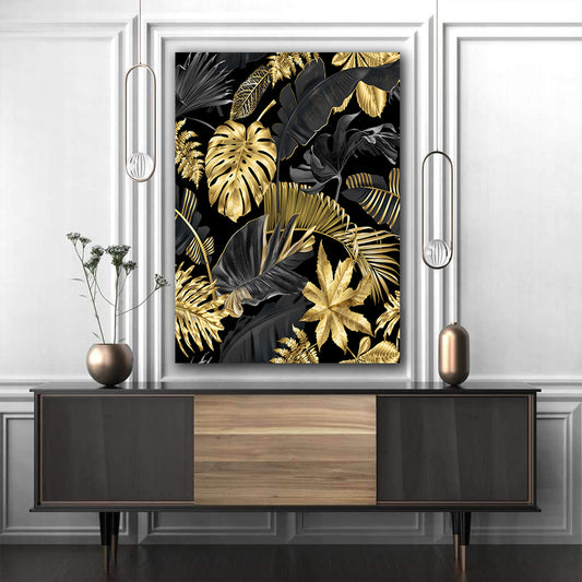 Tablou canvas Tropical Gold Leaf Abstract frunze aurii si fundal negru