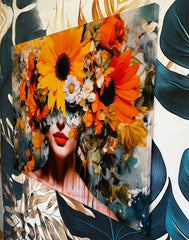 Tablou canvas femeie cu flori colorate galben si portocaliu in cap
