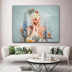 Tablou femeie cu crini pe ochi flori fantezie alb si albastru design interior fine art model abstract pentru o camera de vis Woman in Nature