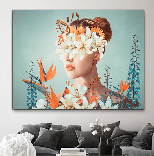 Tablou femeie cu flori pe cap si ochi flori fantezie portocaliu si alb design fine art model abstract pentru o camera de vis Woman in Nature