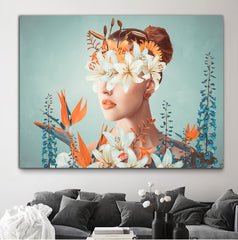 Tablou femeie cu flori pe cap si ochi flori fantezie portocaliu si alb design fine art model abstract pentru o camera de vis Woman in Nature