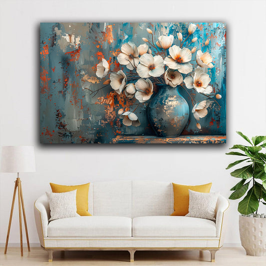 Tablou canvas abstract cu flori albe in vaza pe fundal turcoaz