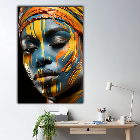 Tablou canvas femeie africana cu fata pictata turcoaz si galben