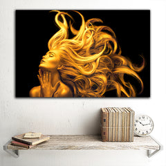Tablou canvas femeie cu parul de aur pe fundal negru