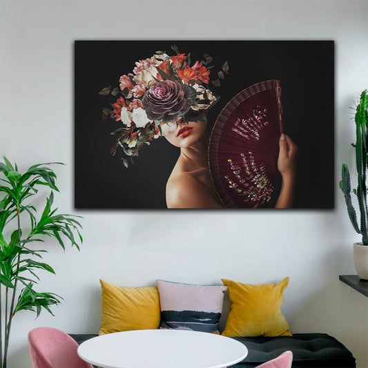 Tablou canvas femeie cu flori colorate in cap si cu evantai chinezesc