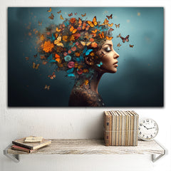 Tablou canvas abstract woman femei cu fluturi si flori colorate in cap