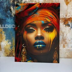 Tablou canvas femeie africana cu buze albastre turban in cap si cercei de aur