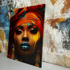 Tablou canvas femeie africana cu buze albastre turban in cap si cercei de aur