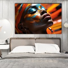 Tablou canvas femeie africana cu buze rosu aprins si fata pictata multicolor