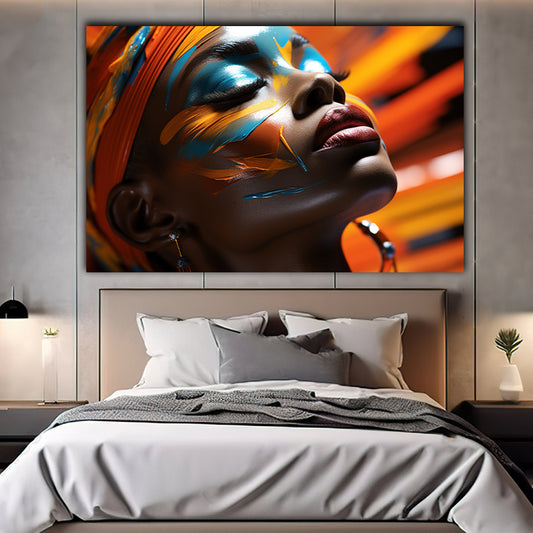 Tablou canvas femeie africana cu buze rosu aprins si fata pictata multicolor