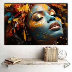 Tablou canvas femeie africana cu fata pictata si decoratiuni multicolore in par