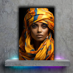 Tablou canvas femeie africana imbracata traditional cu turban si esarfa galbena
