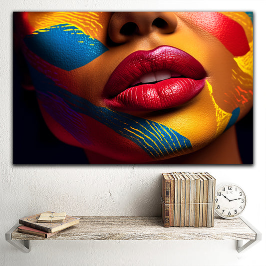 Tablou canvas femeie cu buze rosii si fata acoperita de culori