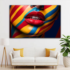 Tablou canvas femeie cu fata colorata si buze rosu aprins