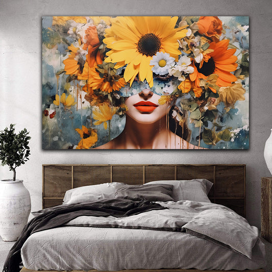 Tablou canvas femeie cu flori colorate galben si portocaliu in cap