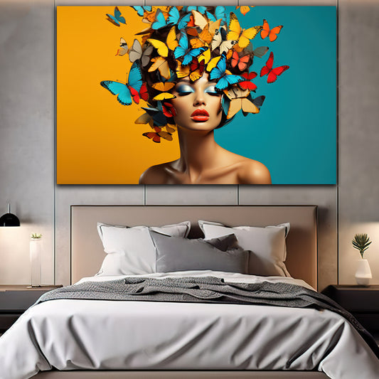 Tablou canvas femeie cu fluturi colorati in cap