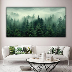 Tablou canvas cu padure in ceata peisaj montan cu brazi