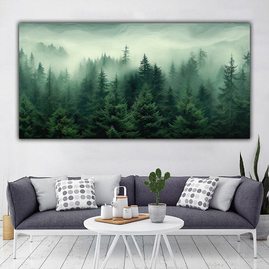 Tablou canvas cu padure in ceata peisaj montan cu brazi