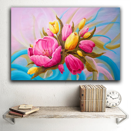 Tablou canvas cu flori roz si galbene cu frunze lungi pictate
