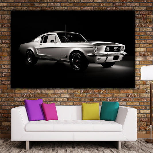 Tablou canvas Ford Mustang alb-negru prototip expozitie auto