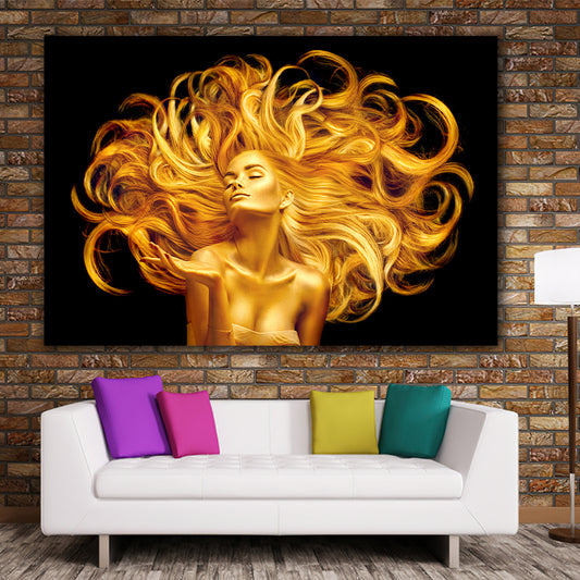 Tablou canvas femeie cu parul auriu fundal negru black and gold design modern living birou fabricat in romania