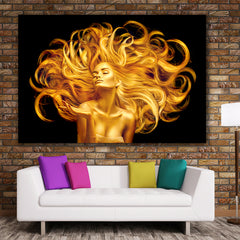 Tablou canvas femeie cu parul auriu fundal negru black and gold design modern living birou fabricat in romania