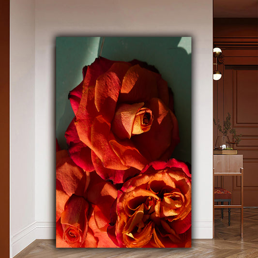Tablou canvas flori de trandafir rosu cu portocaliu in razele soarelui