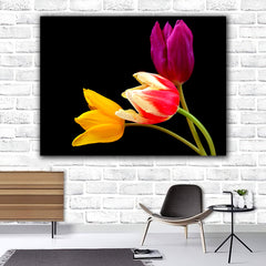 Tablou canvas lalele galben mov si rosu cu alb buchet in lumina naturala