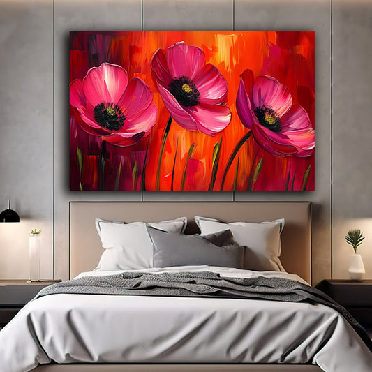 Tablou canvas flori roz pictate acrilic cu accent pe negru