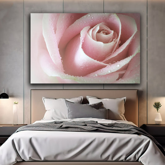 Tablou canvas trandafir alb cu accente roz acoperit de picaturi de ploaie