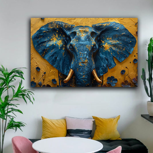 Tablou canvas cu elefant albastru presarat cu accente aurii