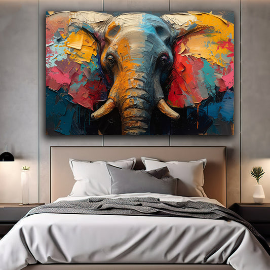 Tablou canvas cu elefant multicolor pe fundal albastru