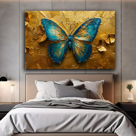 Tablou canvas fluture albastru in centrul atentie cu accente aurii