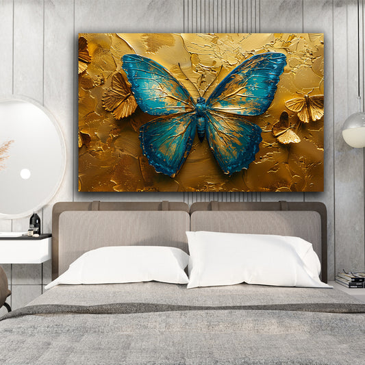 Tablou canvas fluture albastru in centrul atentie cu accente aurii