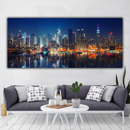 Tablou canvas peisaj al orasul New York noaptea cu lumini colorate zgarie norilor