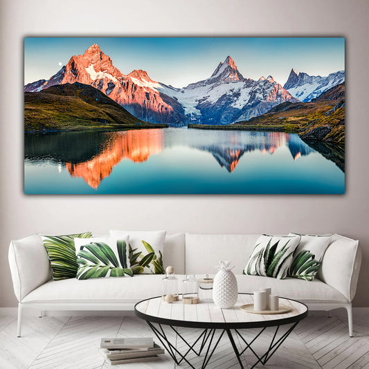 Tablou canvas peisaj montan pe marginea lacului cu varful muntilor acoperiti de zapada
