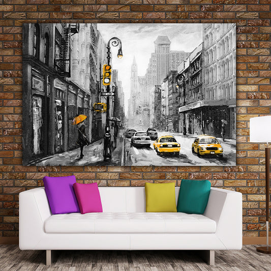 Tablou canvas desen peisaj oras New York City taxiuri blocuri accent pe culoarea galben