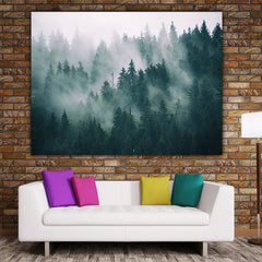 Tablou canvas peisaj padure cu brazi acoperita de ceata in mijlocul muntilor