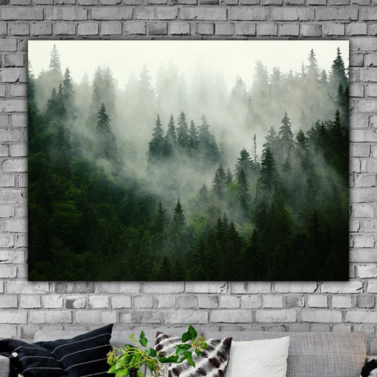 Tablou canvas peisaj padure de conifere brazi acoperita de ceata in mijlocul muntilor