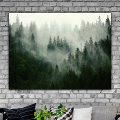 Tablou canvas peisaj padure de conifere brazi acoperita de ceata in mijlocul muntilor