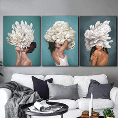 Set tablouri living sau dormitor femei cu flori albe si albastru design interior decoratiuni casa panza canvas pe sasiu lemn HIDDEN WOMAN