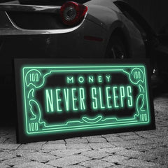 Tablou motivational Money never sleep 100 dolari bani cadouri barbati prieteni design interior birou decoratiuni casa negru si verde neon