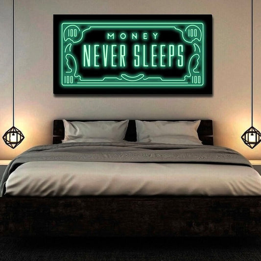 Tablou motivational Money never sleep 100 dolari bani cadouri barbati prieteni design interior birou decoratiuni casa negru si verde neon