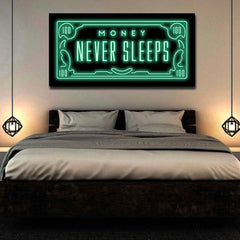 Tablou motivational Money never sleep 100 dolari bani cadouri barbati prieteni design interior birou decoratiuni casa negru si verde neon