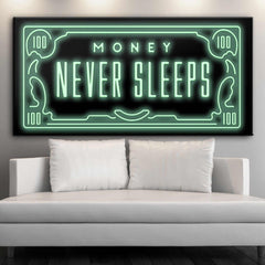 Tablou motivational Money never sleep 100 dolari bani cadouri barbati prieteni design interior birou decoratiuni casa negru si verde neon