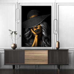 set Tablouri Canvas Design interior Modern Elegant femei flori Negru si Auriu Panza Canvas Rama Lemn - Black And Gold hat flower woman