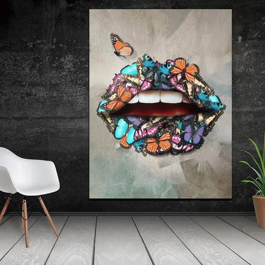 Tablou Canvas living abstract modern buze flori fluturi Design interior colorat Decoratiuni casa dormitor panza canvas Butterfly Lips